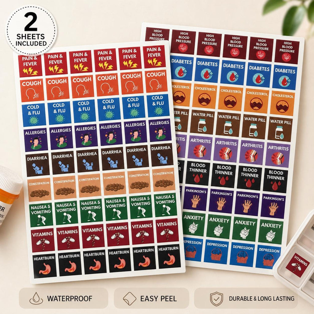 Medication Bottle Stickers for Easy Identification | Condition Icons | Labels for Caregivers, Seniors & Homeuse