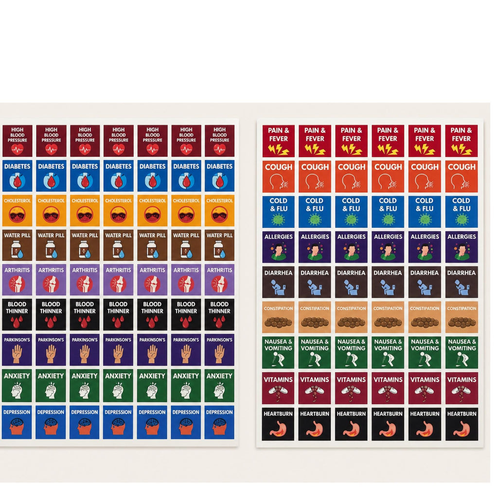 Medication Bottle Stickers for Easy Identification | Condition Icons | Labels for Caregivers, Seniors & Homeuse