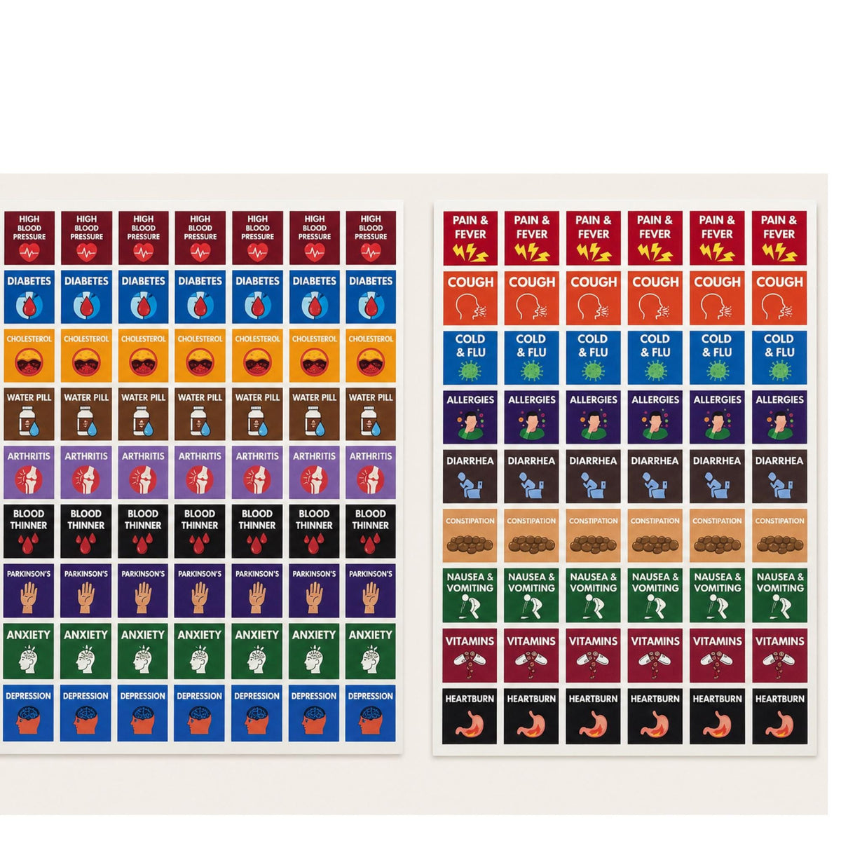 Medication Bottle Stickers for Easy Identification | Condition Icons | Labels for Caregivers, Seniors & Homeuse